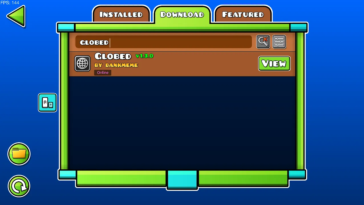 Image showing a person searching for 'Globed' on the Geode in-game Downloads page.